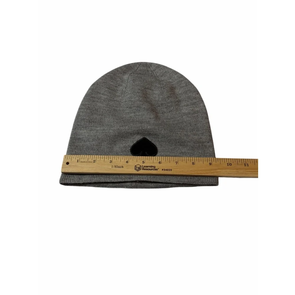 Kate Spade Gray Wool Blend Beanie Hat Black Spade Logo Minimalist Winter